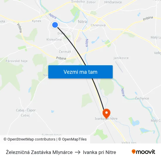 Železničná Zastávka Mlynárce to Ivanka pri Nitre map