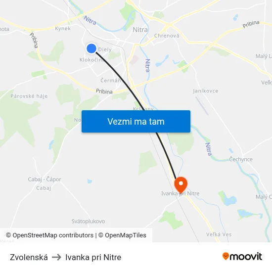 Zvolenská to Ivanka pri Nitre map