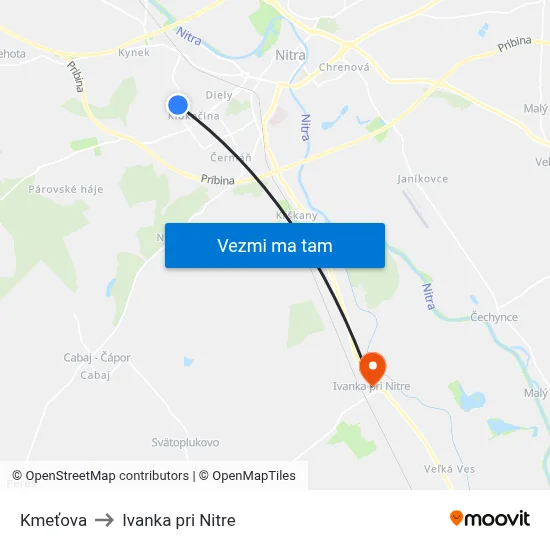 Kmeťova to Ivanka pri Nitre map