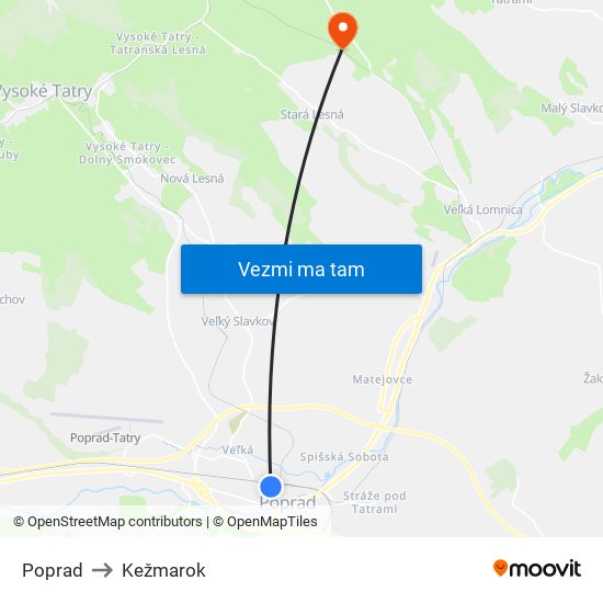 Poprad to Kežmarok map