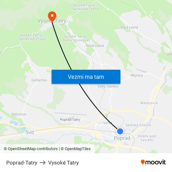 Poprad-Tatry to Vysoké Tatry map