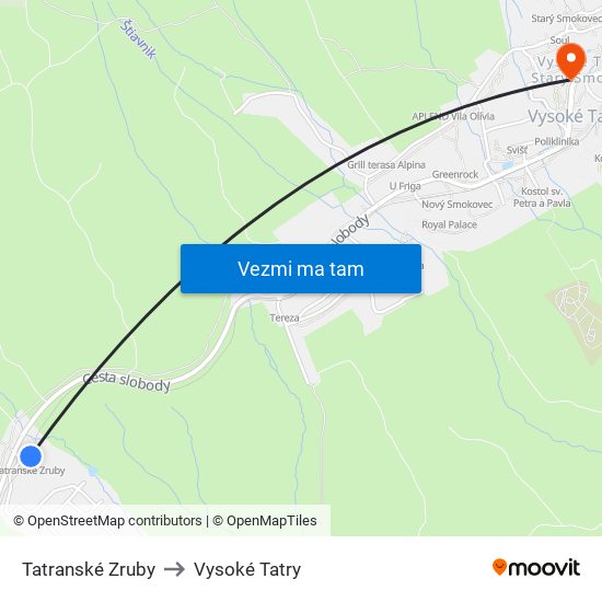 Tatranské Zruby to Vysoké Tatry map