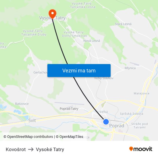 Kovošrot to Vysoké Tatry map