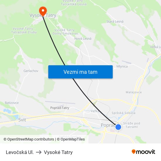 Levočská Ul. to Vysoké Tatry map