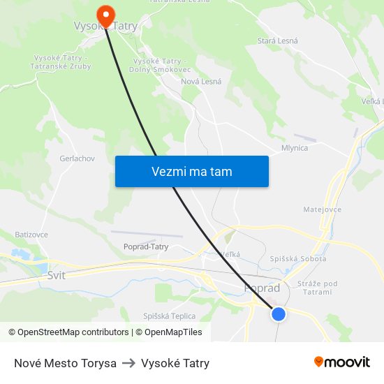 Nové Mesto Torysa to Vysoké Tatry map