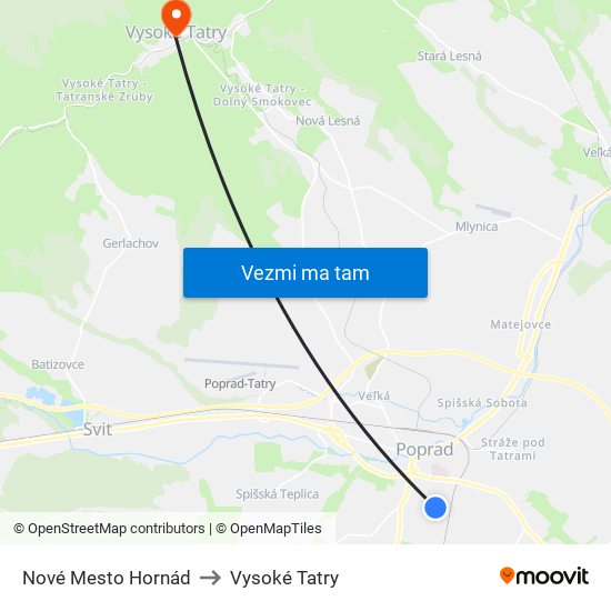 Nové Mesto Hornád to Vysoké Tatry map