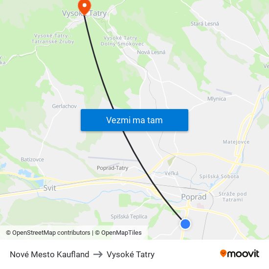 Nové Mesto Kaufland to Vysoké Tatry map