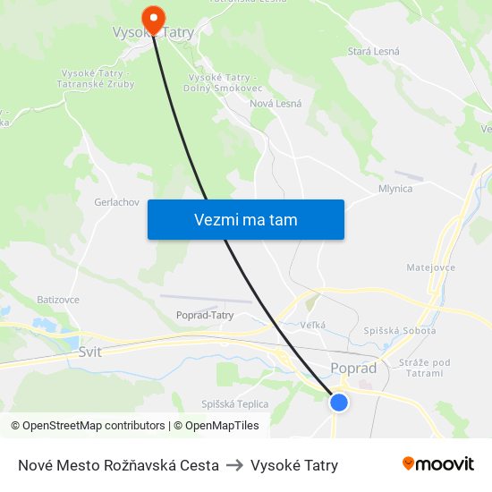 Nové Mesto Rožňavská Cesta to Vysoké Tatry map