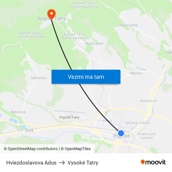 Hviezdoslavova Adus to Vysoké Tatry map