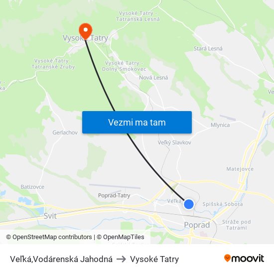 Veľká,Vodárenská Jahodná to Vysoké Tatry map