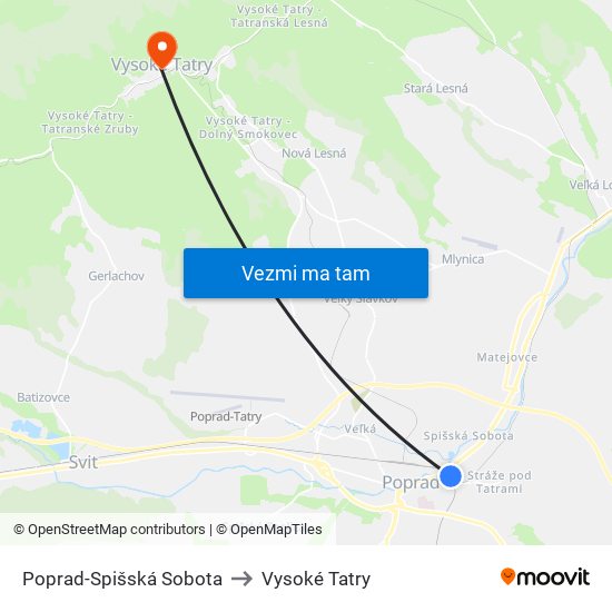 Poprad-Spišská Sobota to Vysoké Tatry map