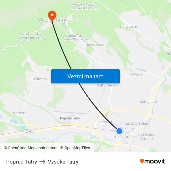 Poprad-Tatry to Vysoké Tatry map