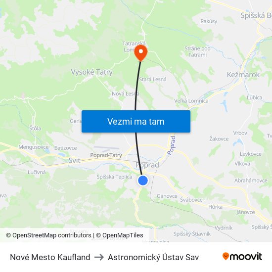 Nové Mesto Kaufland to Astronomický Ústav Sav map