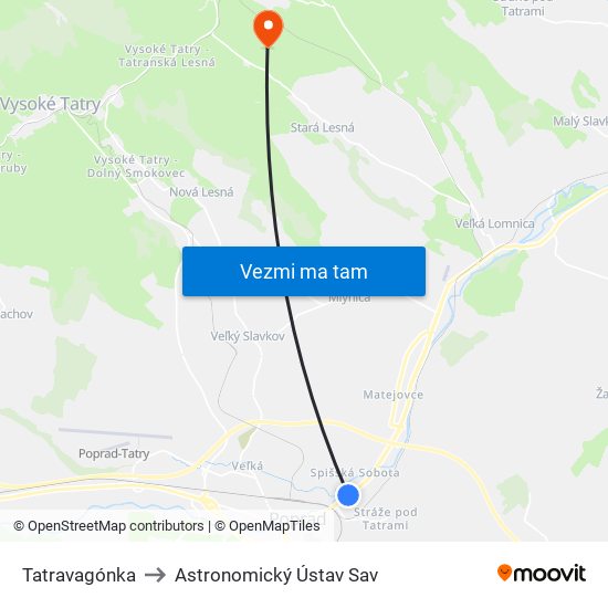 Tatravagónka to Astronomický Ústav Sav map