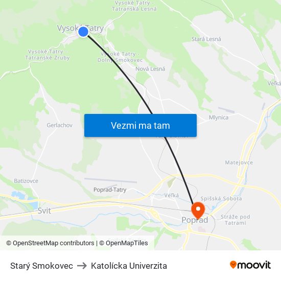 Starý Smokovec to Katolícka Univerzita map