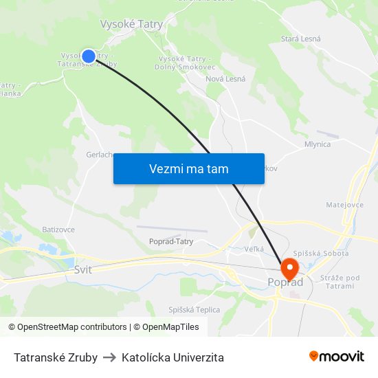 Tatranské Zruby to Katolícka Univerzita map