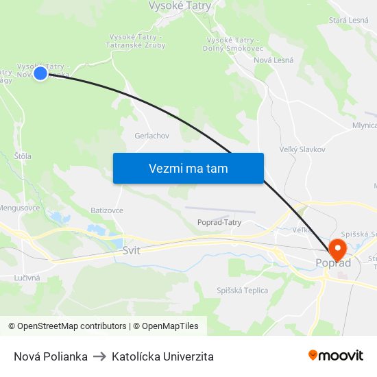 Nová Polianka to Katolícka Univerzita map