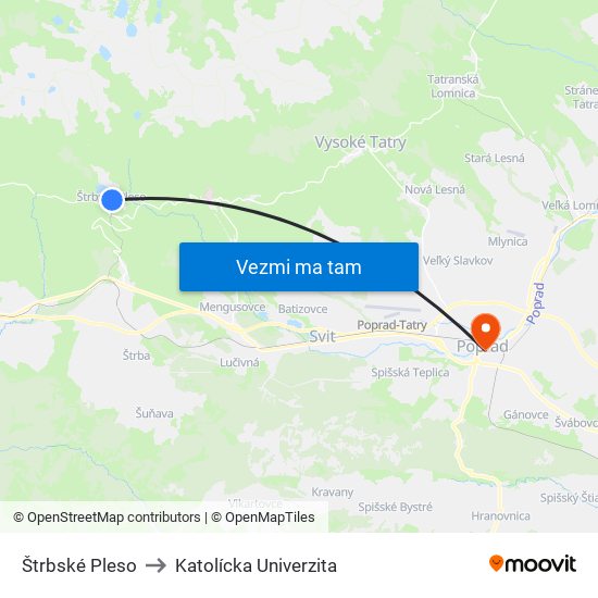 Štrbské Pleso to Katolícka Univerzita map