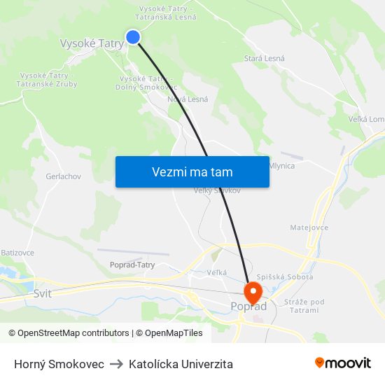 Horný Smokovec to Katolícka Univerzita map