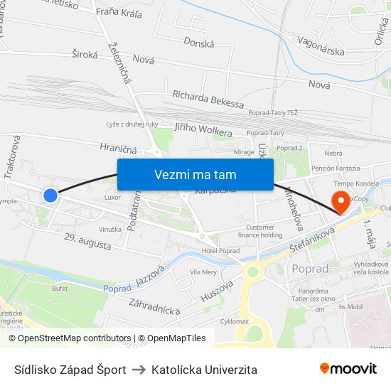 Sídlisko Západ Šport to Katolícka Univerzita map