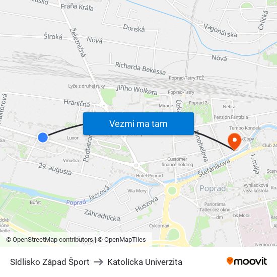 Sídlisko Západ Šport to Katolícka Univerzita map