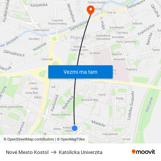 Nové Mesto Kostol to Katolícka Univerzita map