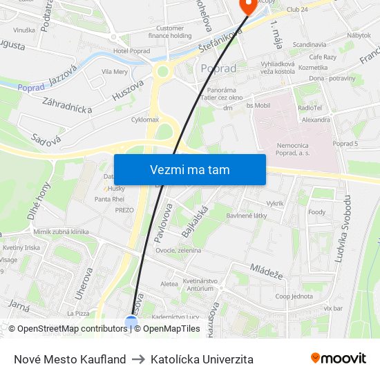 Nové Mesto Kaufland to Katolícka Univerzita map