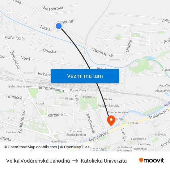 Veľká,Vodárenská Jahodná to Katolícka Univerzita map