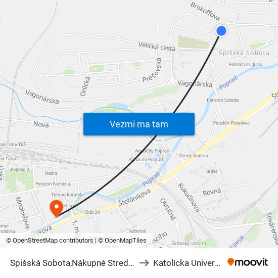 Spišská Sobota,Nákupné Stredisko to Katolícka Univerzita map