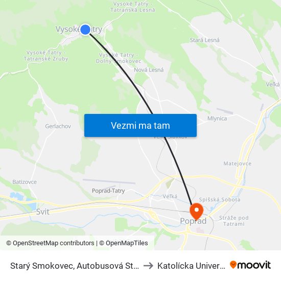 Starý Smokovec, Autobusová Stanica to Katolícka Univerzita map