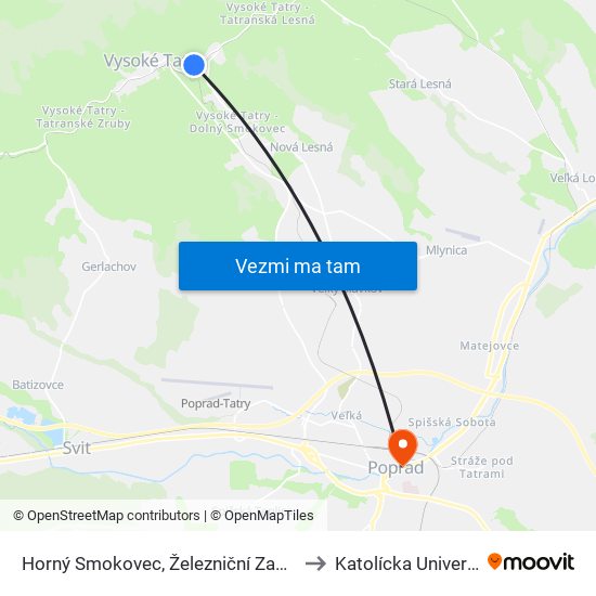 Horný Smokovec, Železniční Zastávka to Katolícka Univerzita map