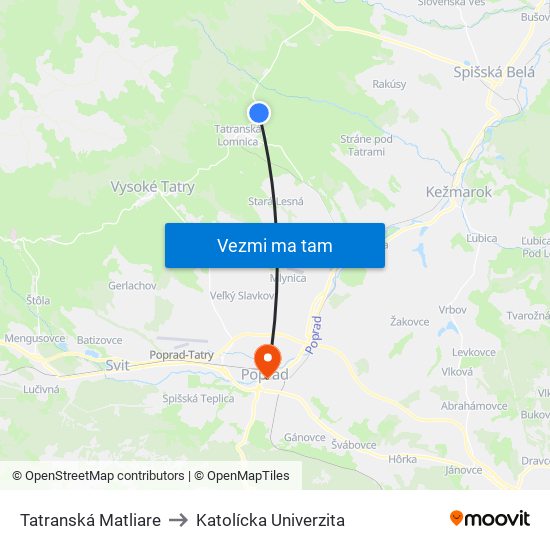 Tatranská Matliare to Katolícka Univerzita map