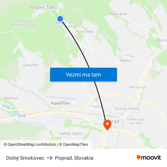 Dolný Smokovec to Poprad, Slovakia map