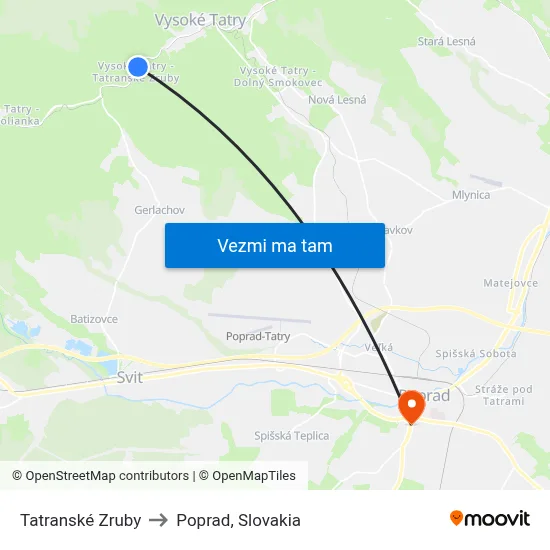 Tatranské Zruby to Poprad, Slovakia map