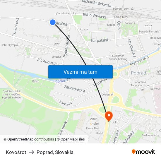 Kovošrot to Poprad, Slovakia map