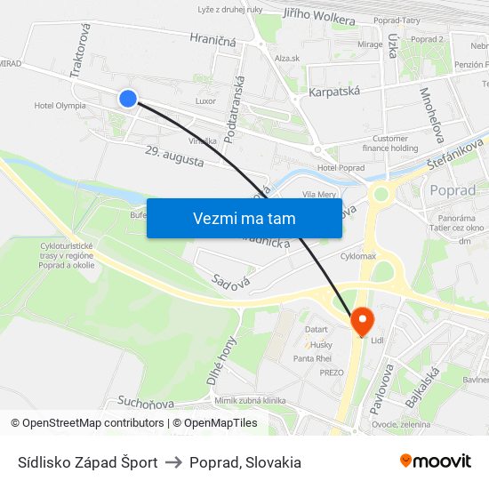 Sídlisko Západ Šport to Poprad, Slovakia map