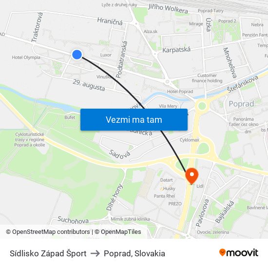 Sídlisko Západ Šport to Poprad, Slovakia map