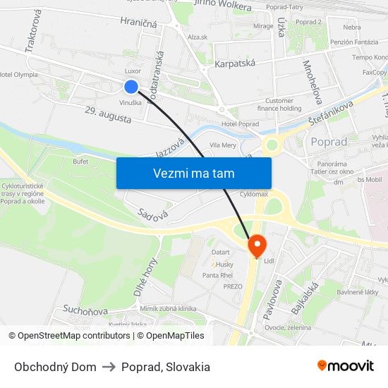 Obchodný Dom to Poprad, Slovakia map