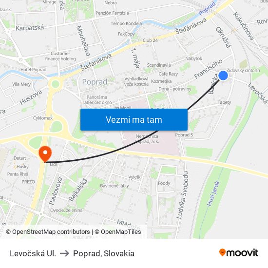 Levočská Ul. to Poprad, Slovakia map