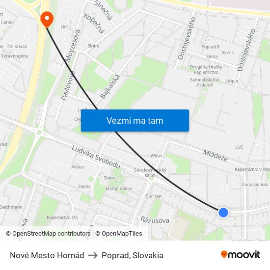 Nové Mesto Hornád to Poprad, Slovakia map