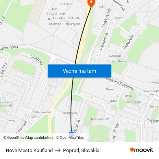 Nové Mesto Kaufland to Poprad, Slovakia map