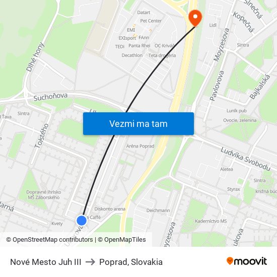 Nové Mesto Juh III to Poprad, Slovakia map