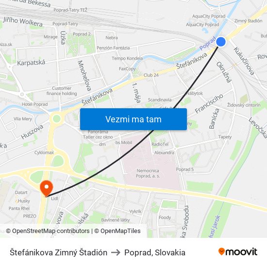 Štefánikova Zimný Štadión to Poprad, Slovakia map