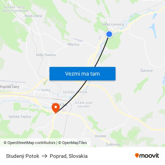 Studený Potok to Poprad, Slovakia map