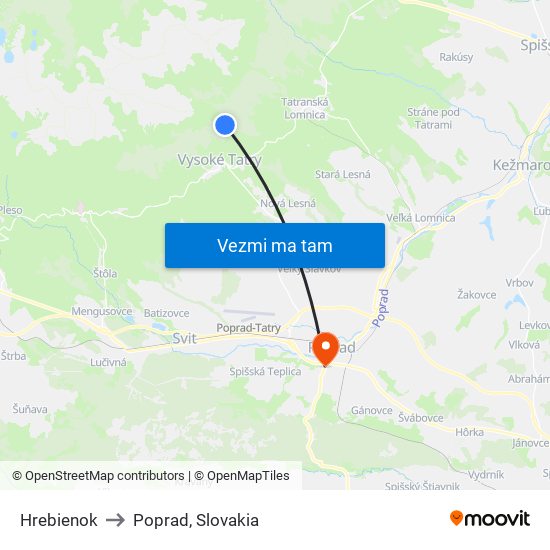 Hrebienok to Poprad, Slovakia map