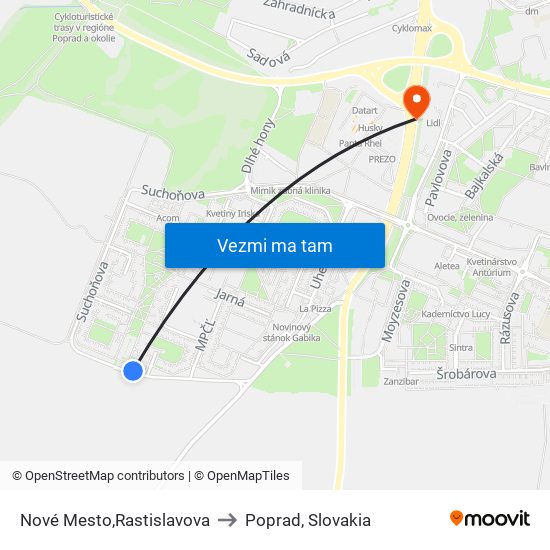 Nové Mesto,Rastislavova to Poprad, Slovakia map