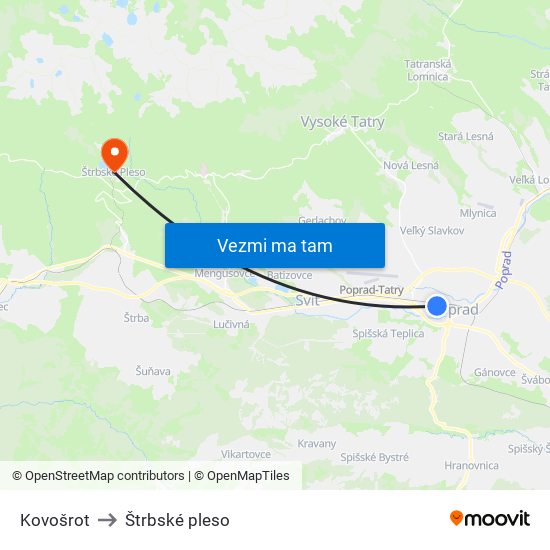 Kovošrot to Štrbské pleso map