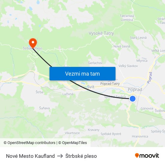 Nové Mesto Kaufland to Štrbské pleso map