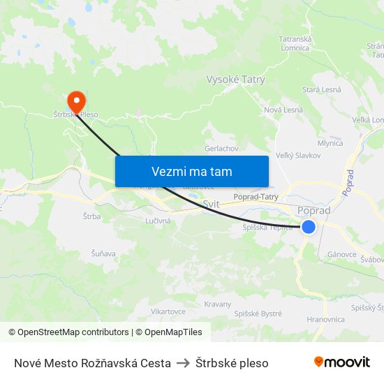 Nové Mesto Rožňavská Cesta to Štrbské pleso map