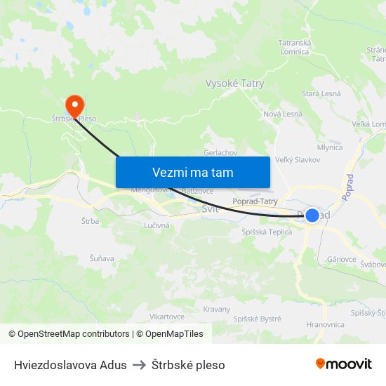 Hviezdoslavova Adus to Štrbské pleso map